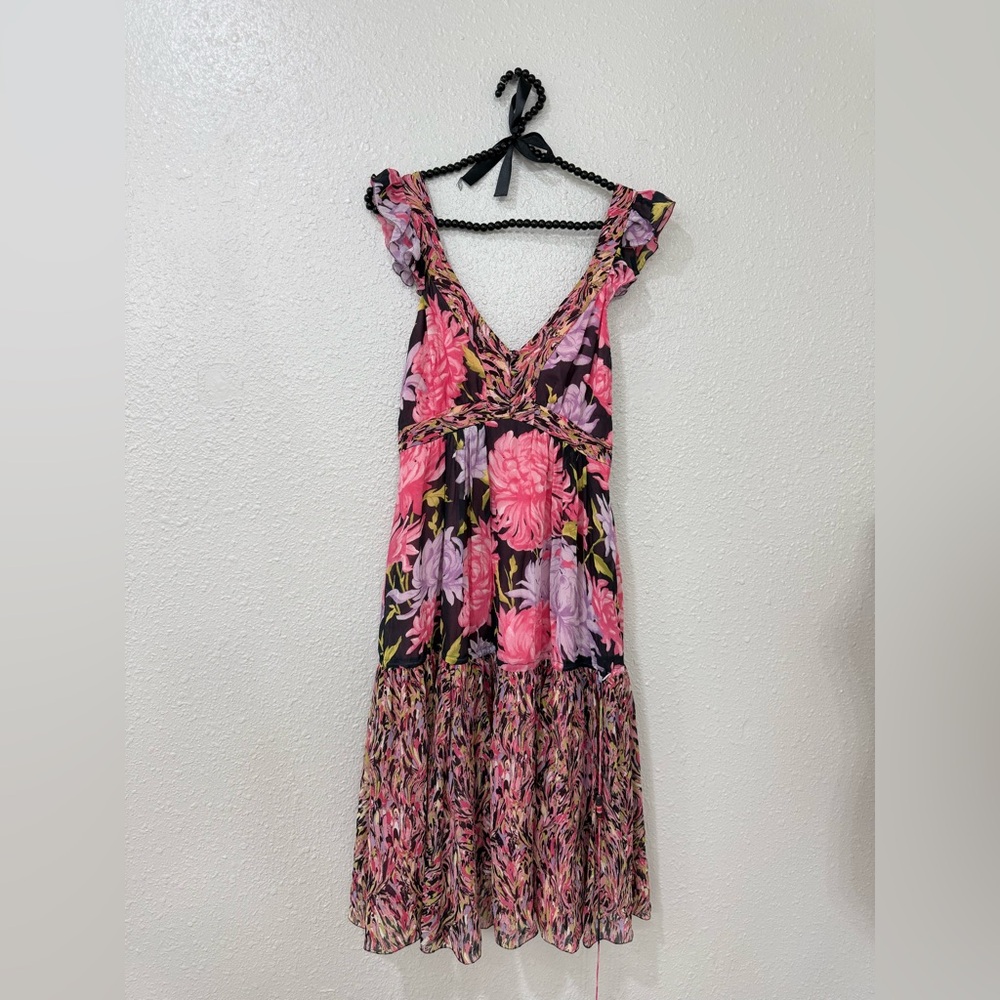 Vivienne Tam 100% Silk Floral Dress Size 2 Pink Black Flowy Ruffle Mini